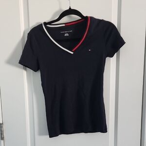Tommy Hilfiger Women's Navy V-Neck Tee with Red and White Trim